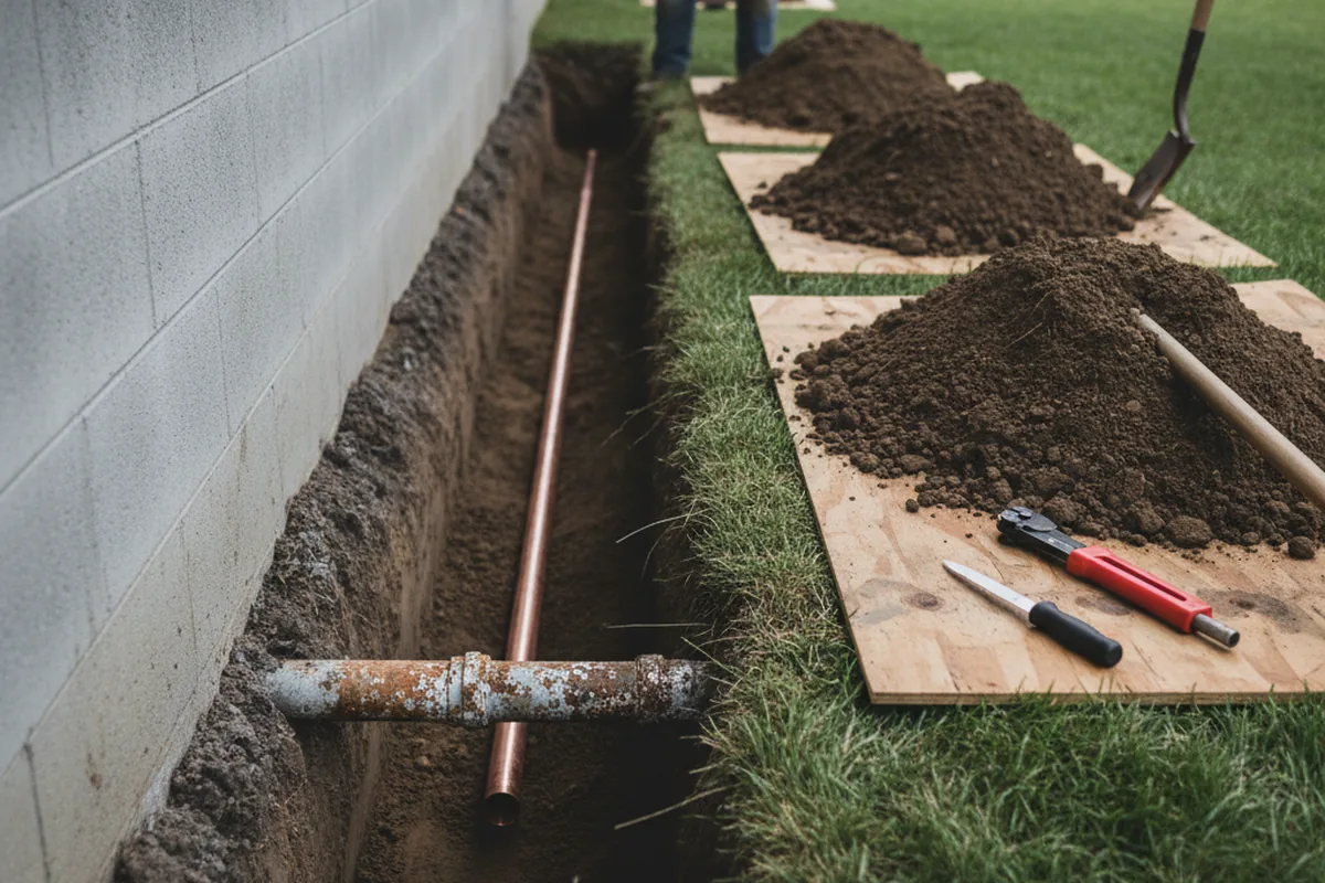 Excavated water line trench during Sewer Line Repair in Sun